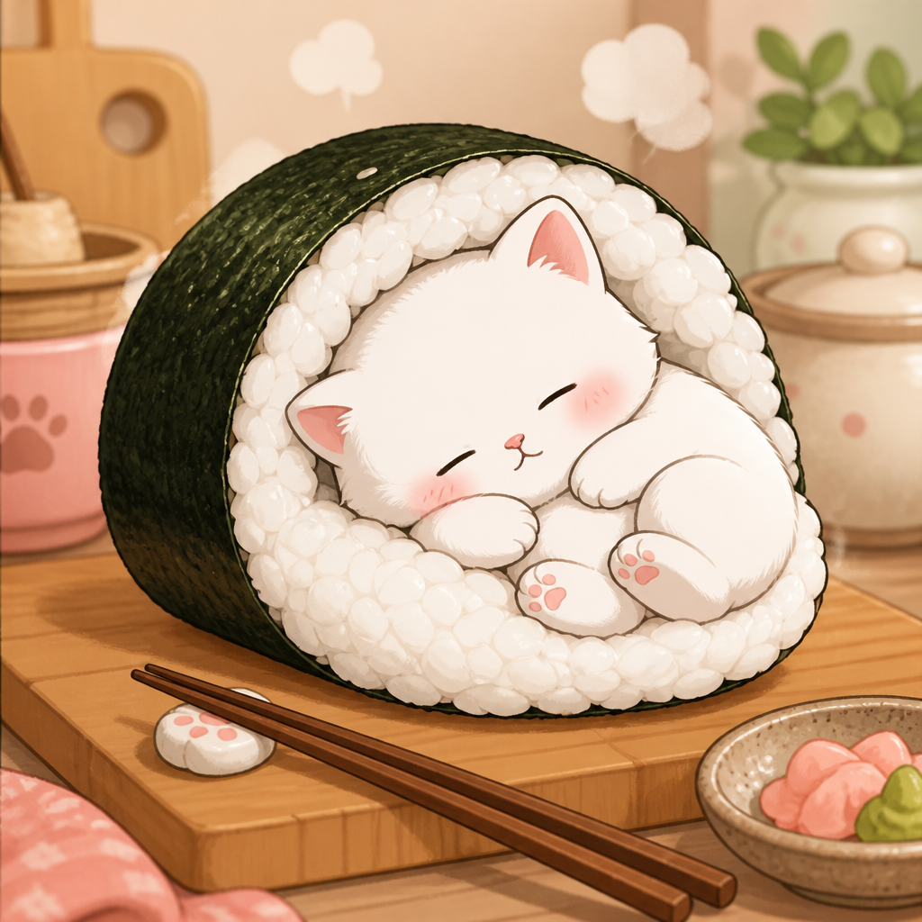 Cat asleep in sushi